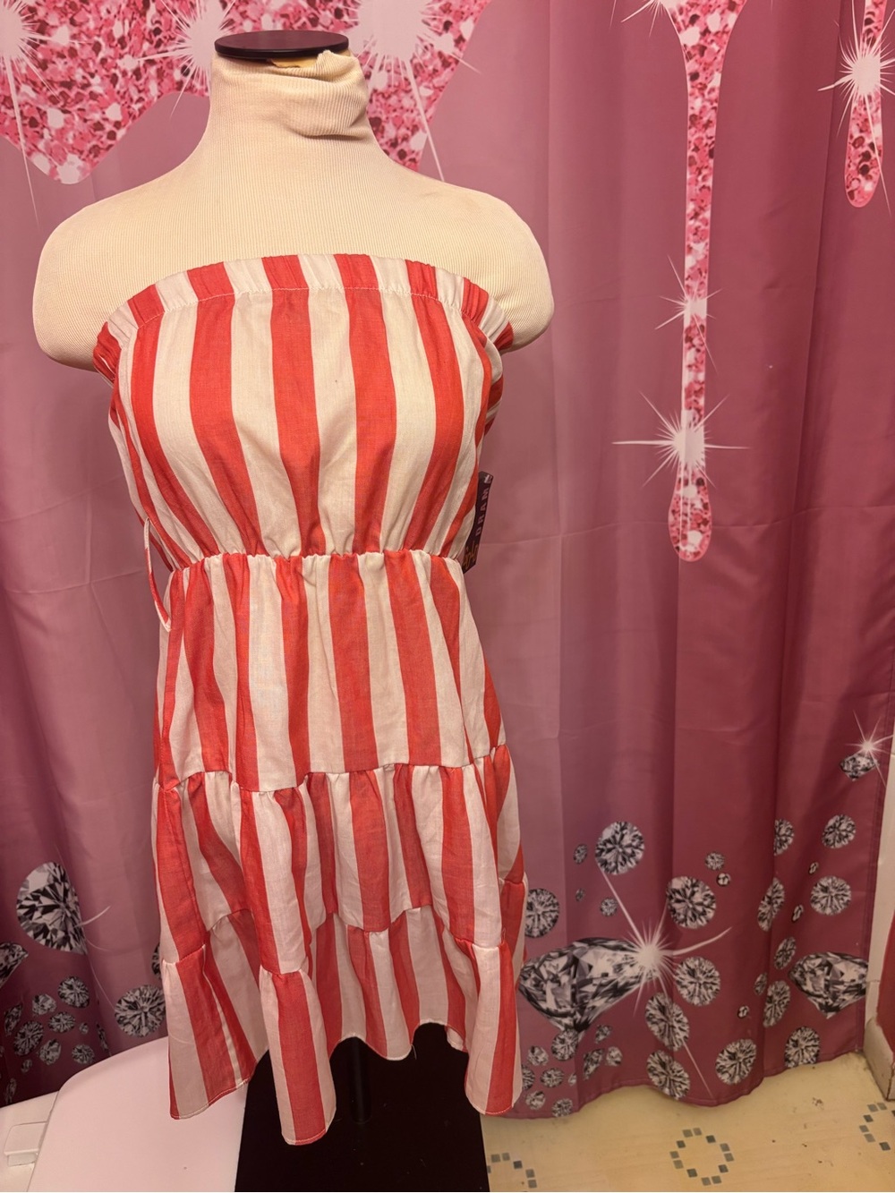 Striped Red and White Strapless Tiered Dress